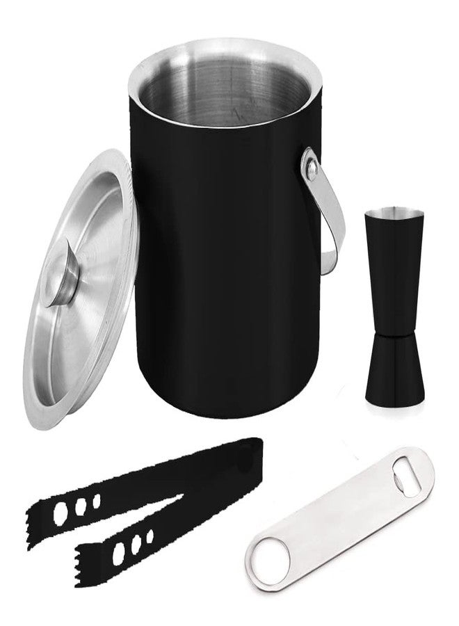 FINALITY Stainless Steel Double Walled Insulated Ice Bucket with Tong & Lid, Peg Measure, Bottle Opener, Capacity-1.75ltr | Bar Set for Drinks Home, Pub, Club, Restaurants | Black - Image 1